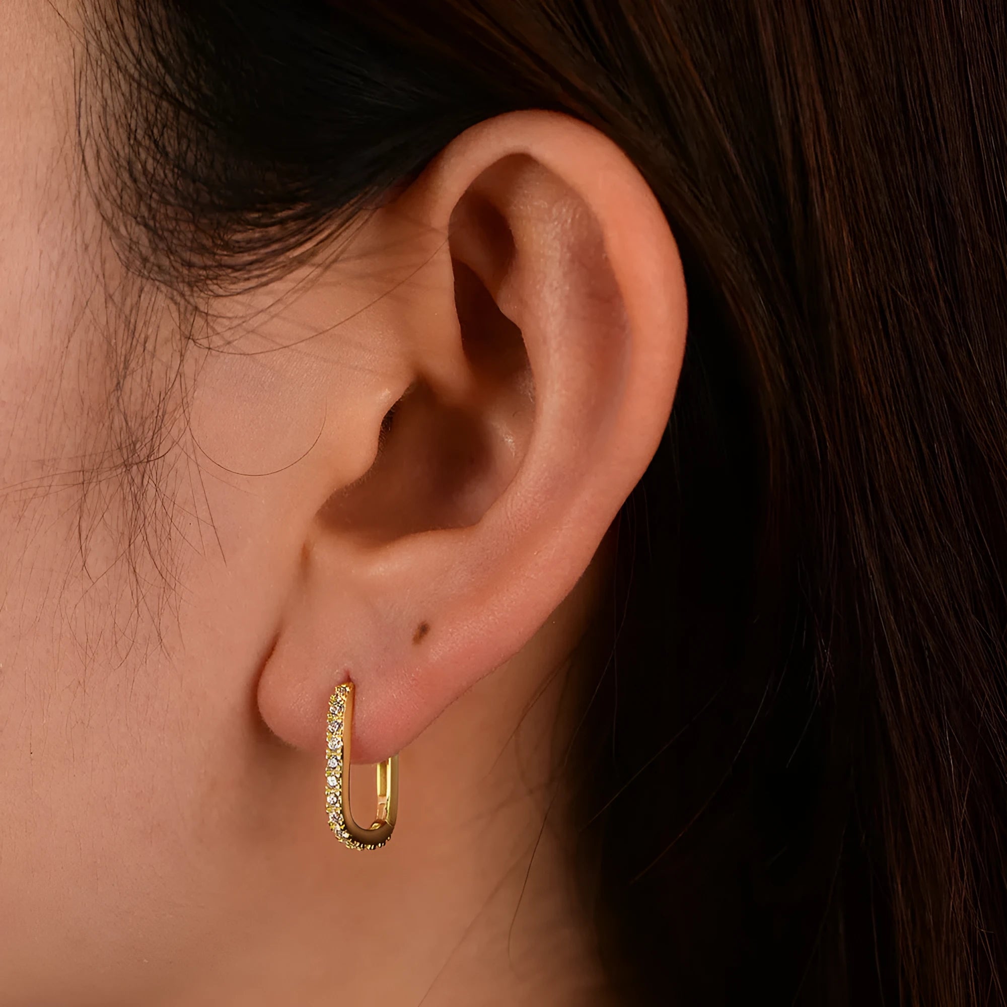 S925 sterling silver oval zircon ear clip earrings in geometric design with quadrilateral elements