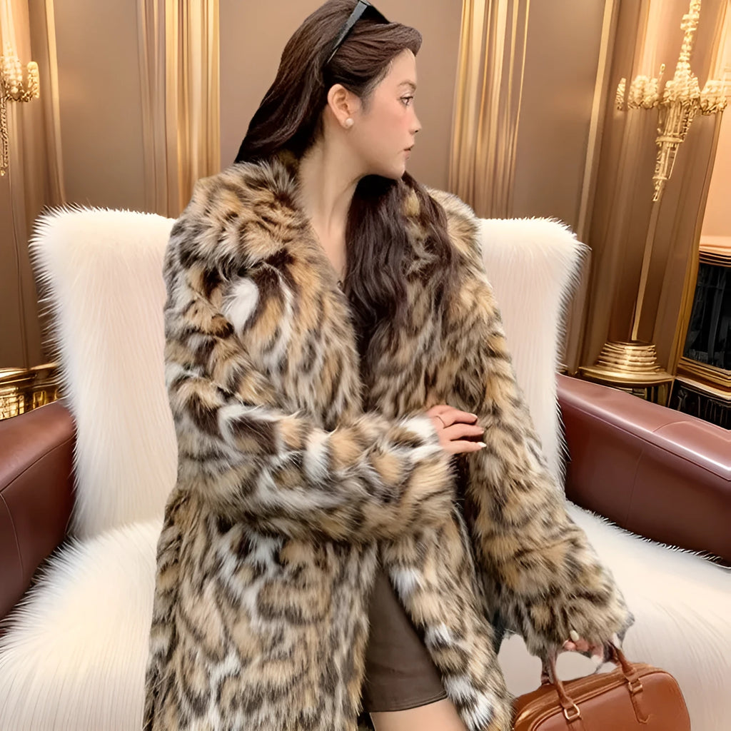 Long faux fur coat with fur collar and pockets in street fashion style