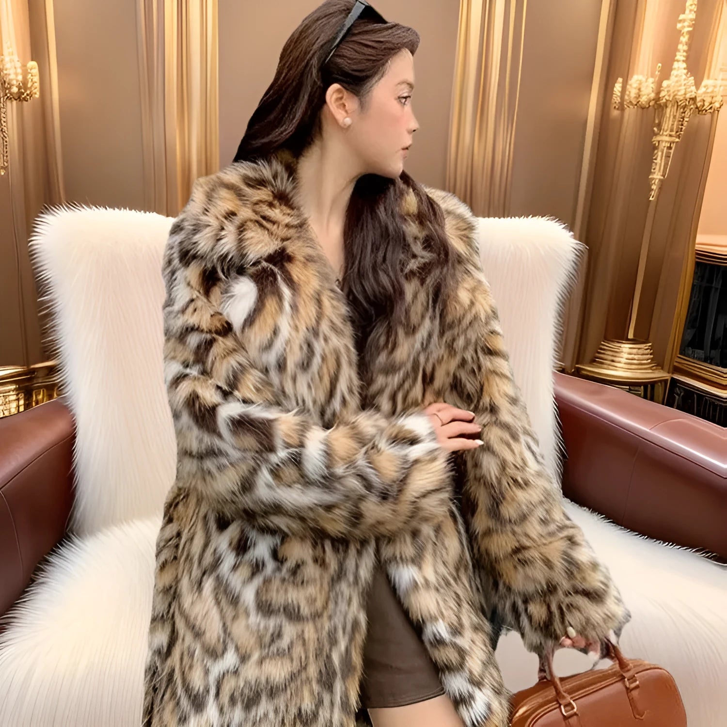 Long faux fur coat with fur collar and pockets in street fashion style