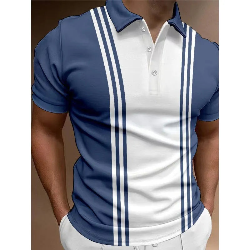 Man wearing a loose fit blue t-shirt with a 3-button printed lapel and short sleeves.