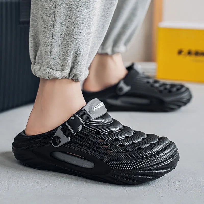 Men's casual platform slippers in light green with hollow-out detail on EVA upper