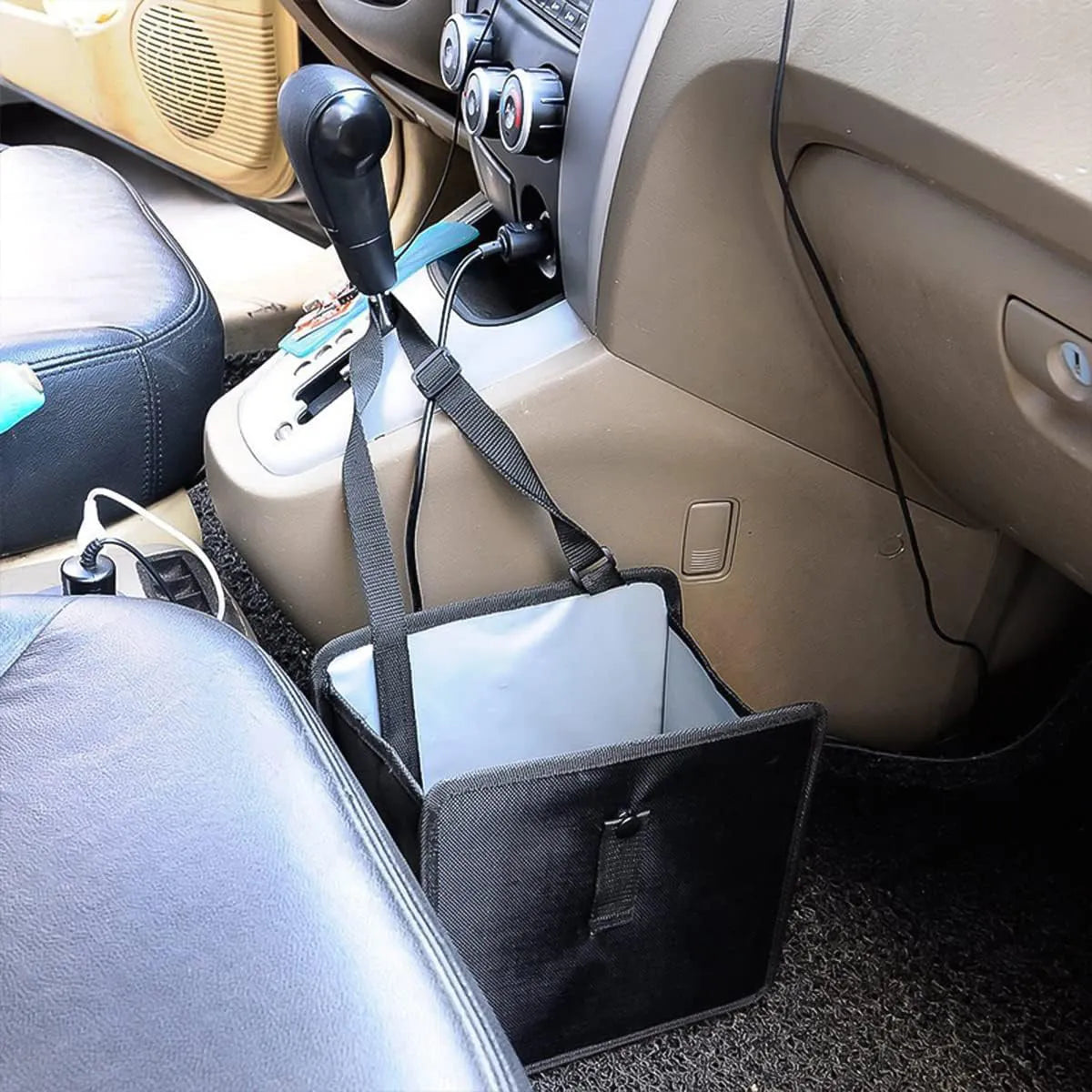 Black waterproof Oxford cloth car hanging trash can folded and unfolded showing 220x145x220mm dimensions