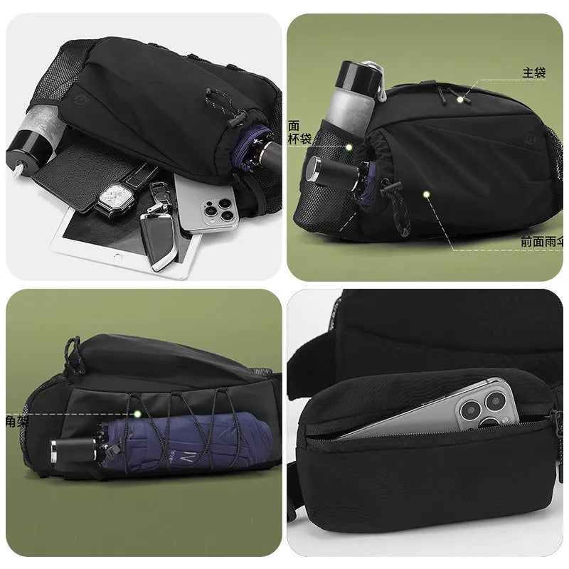 Unisex nylon outdoor waist bag in army green colour, shown as a lumbar pack.