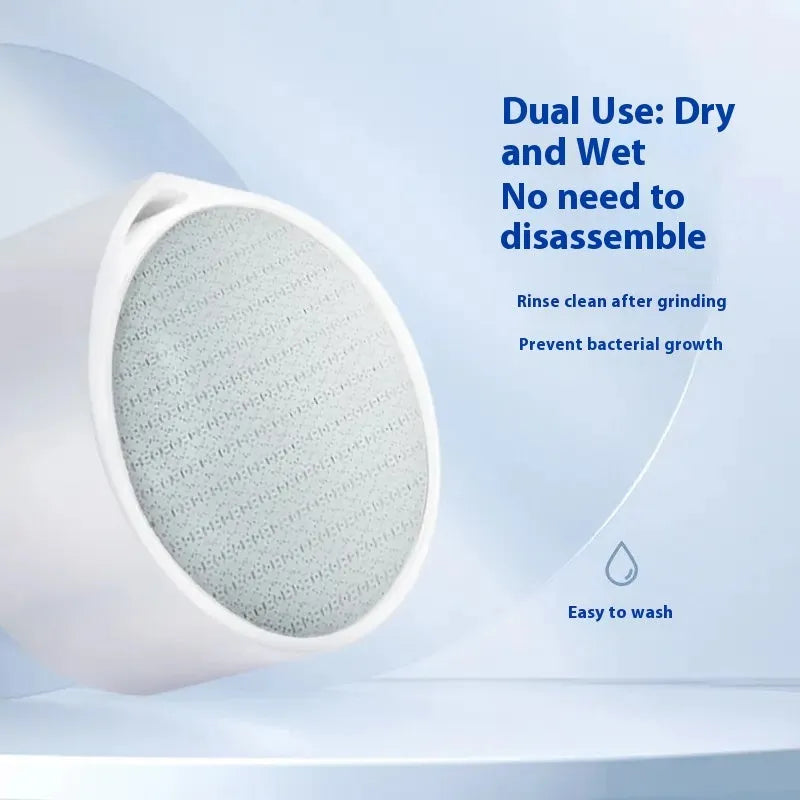 A white plastic 2-in-1 nano glass epilator and foot grinder device for manual hair removal.