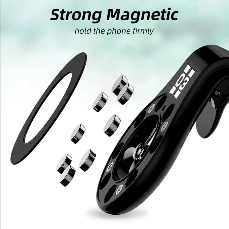 Black magnetic car air vent phone holder with adjustable ball joint and fragrance disc attached.