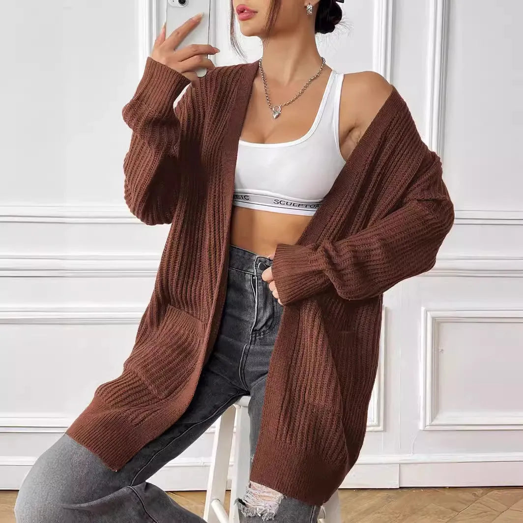 Women's double pocket acrylic cardigan in mid-length loose fit