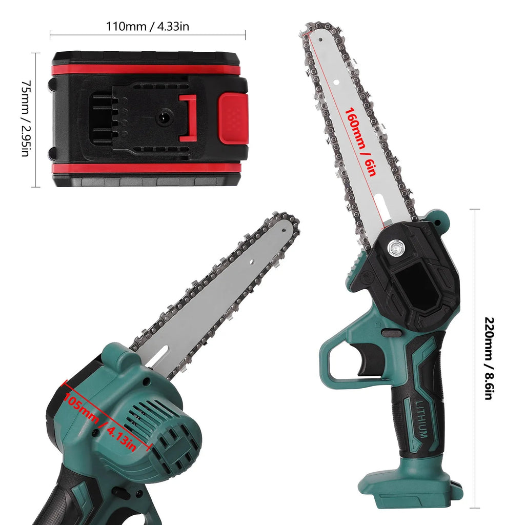 Black mini electric chainsaw with 4-inch guide held in one hand for garden woodcutting