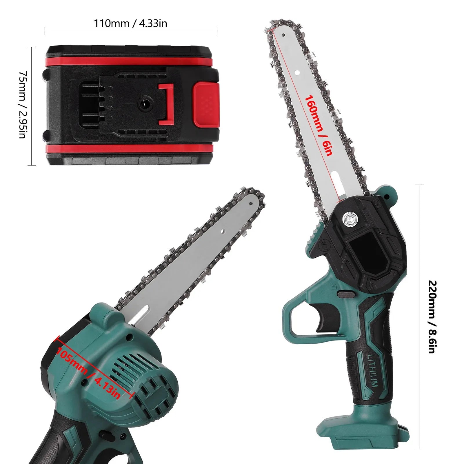 Black mini electric chainsaw with 4-inch guide held in one hand for garden woodcutting