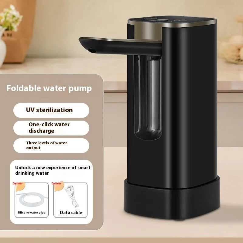 Bucket table folding water pump with LCD touch screen and ABS plastic body in white and black colour options.