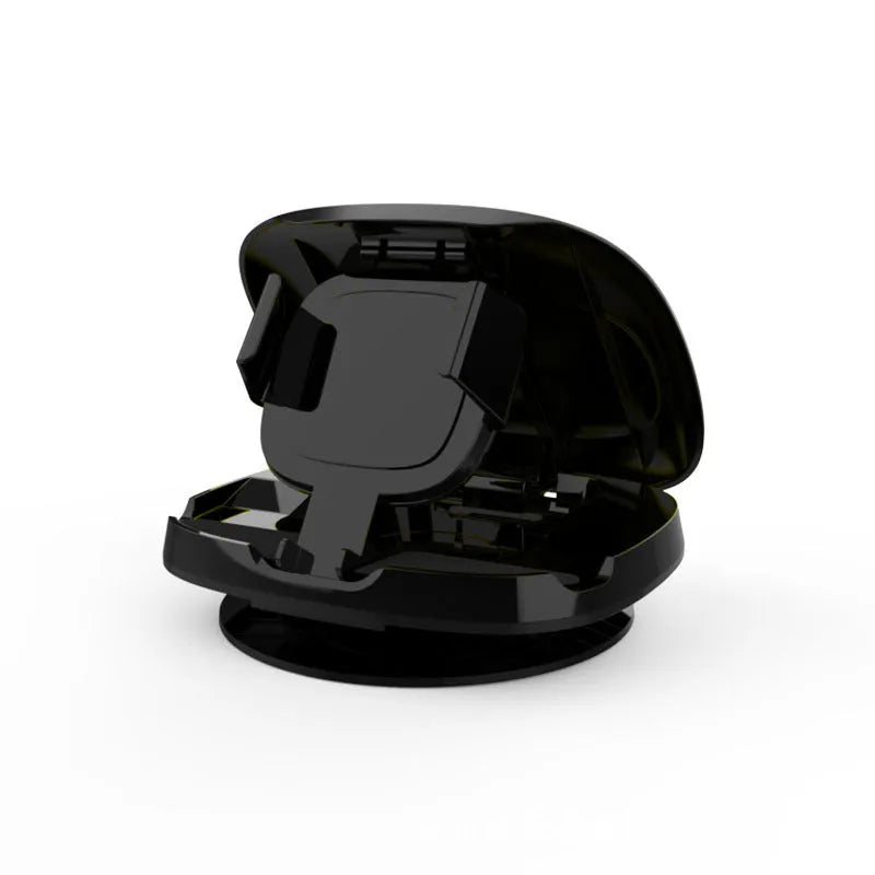 Black rotating suction cup car phone holder mounted on windscreen with smartphone in cradle