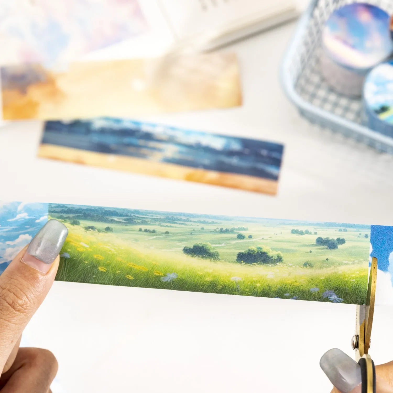 Set of six rolls of Japanese paper sky theme decorative washi tape in various colour designs.
