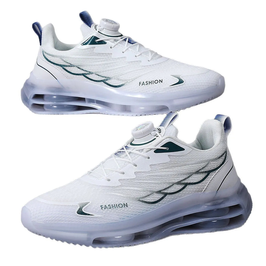 White Korean-style casual trainers with rotating button lace-up and mesh upper
