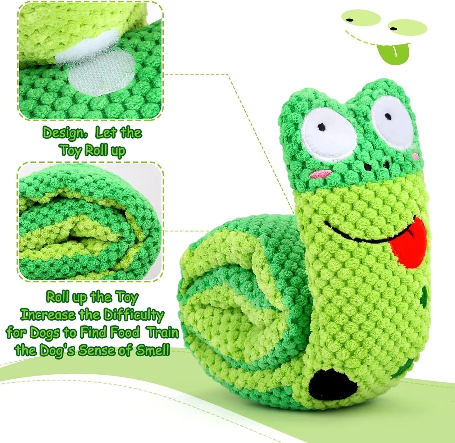 Interactive squeak dog toy in snail shape with thick velvet fabric, unfolds into a stick.