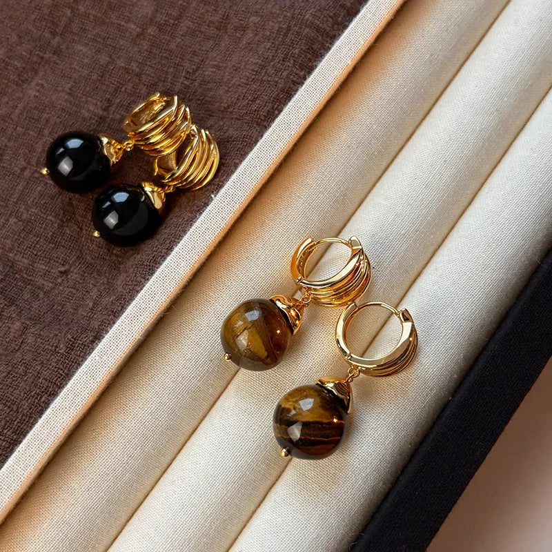 Geometric tigereye earrings with gold plating in brown or black French retro style