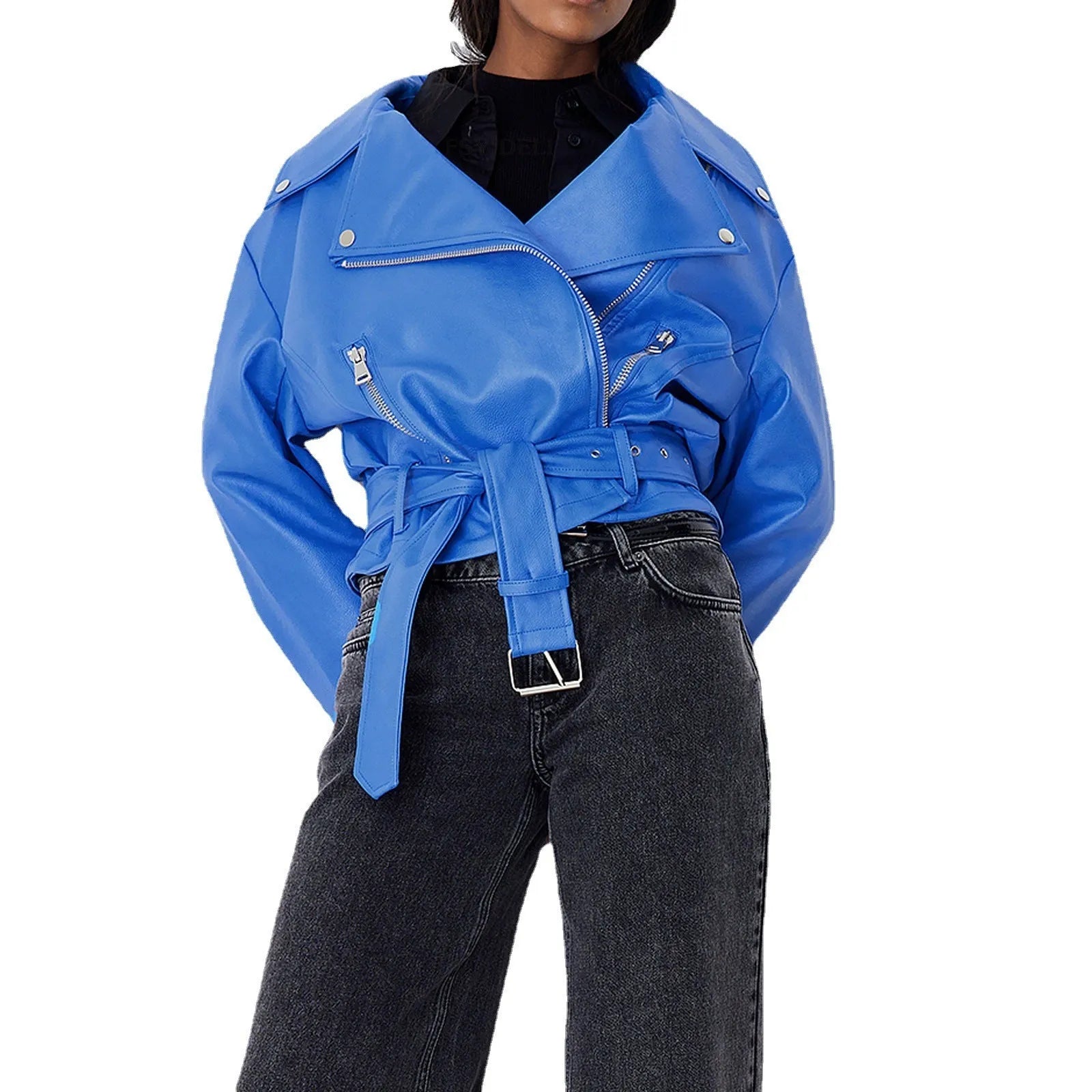Punk short belt lapel locomotive style jacket in black with a Peter Pan collar.