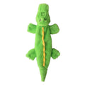 Green crocodile plush dog toy with no stuffing, showing squeaker in head and crinkle paper tail