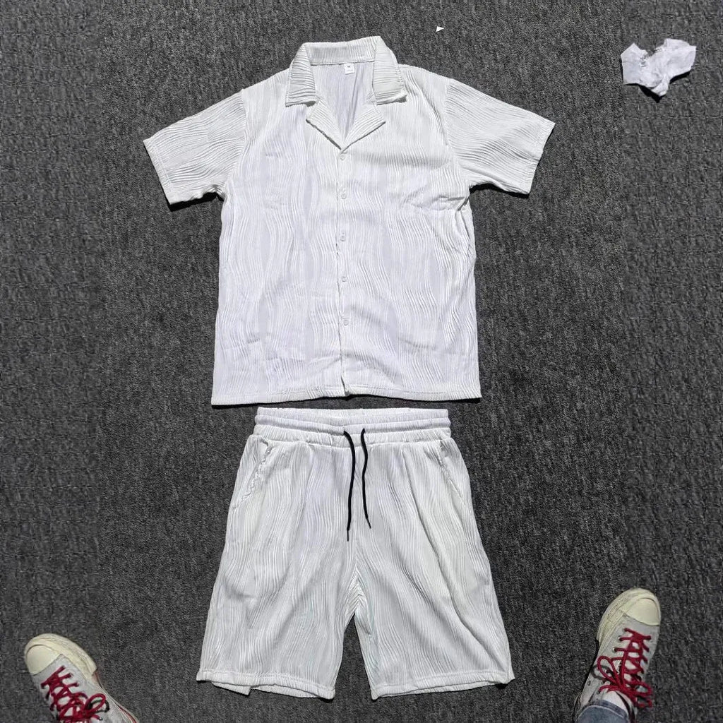 Men's casual summer suit with wave pattern design showing short-sleeved top and matching shorts