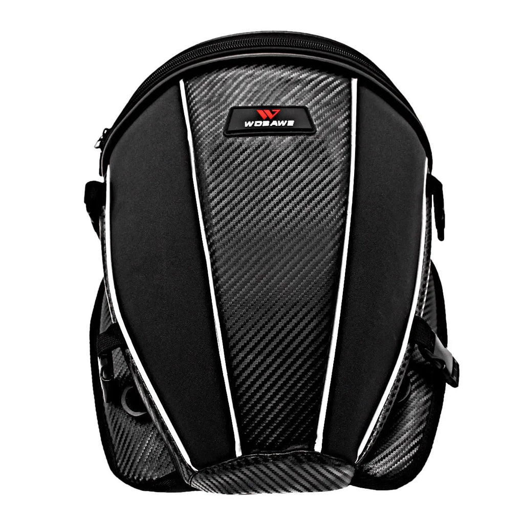 Black waterproof motorcycle seat bag with reflective strips, measuring 30x28x21cm with convertible crossbody strap
