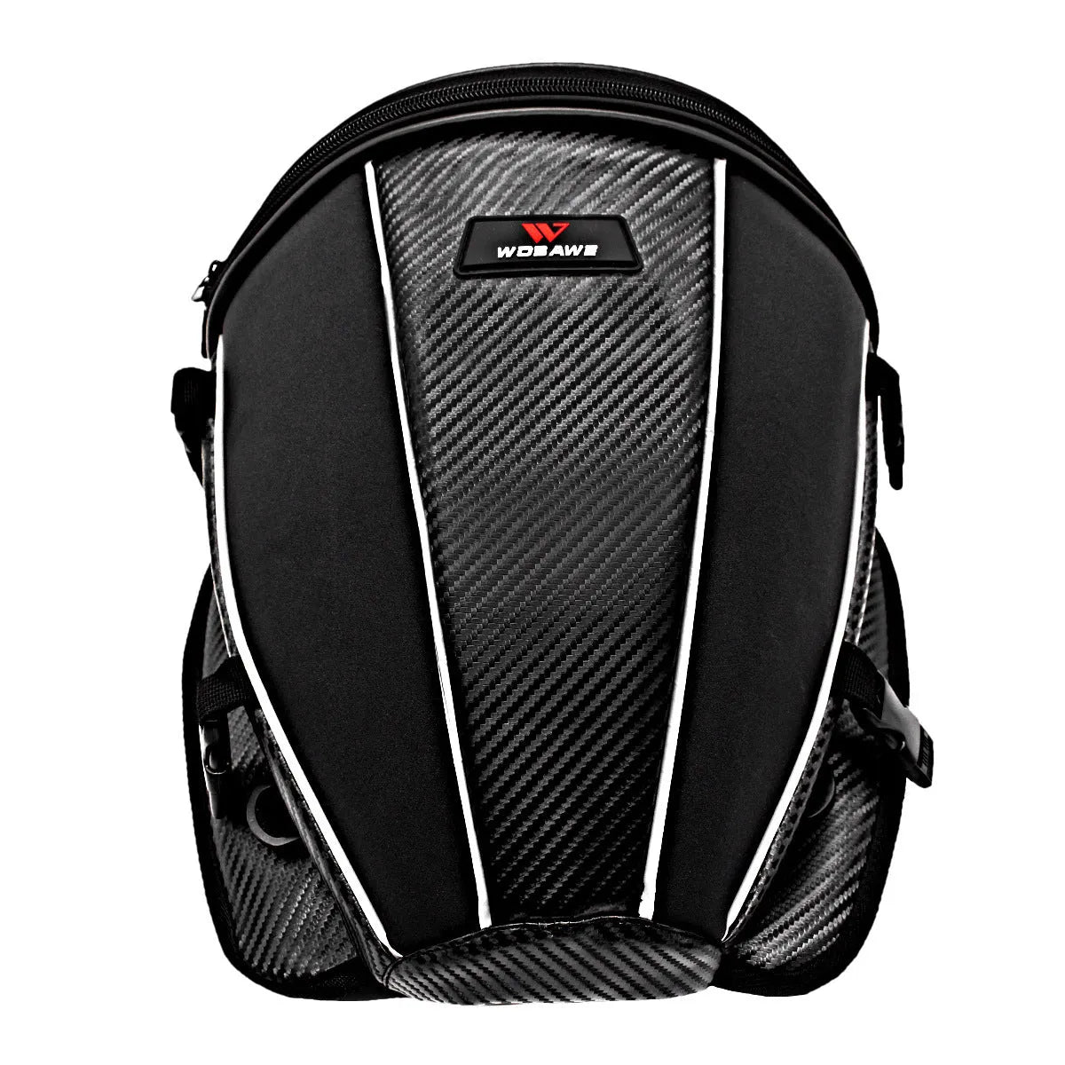 Black waterproof motorcycle seat bag with reflective strips, measuring 30x28x21cm with convertible crossbody strap