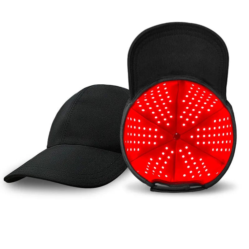 Black infrared peaked cap for hair growth treatment with 180 red LEDs and gear controller