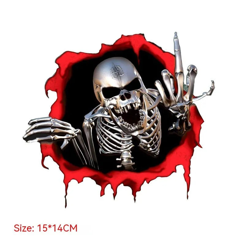 Colourful reflective metal skull car bumper sticker with a shattered design on a 15x14cm PET vinyl decal.