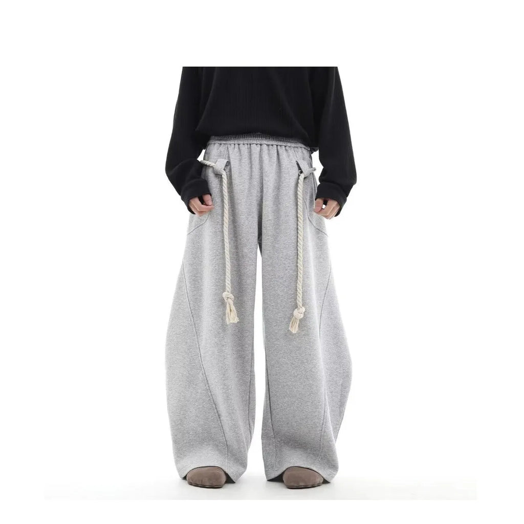 Retro gray cotton wide-leg sports pants for men, loose straight-leg casual trousers in size M to XXL