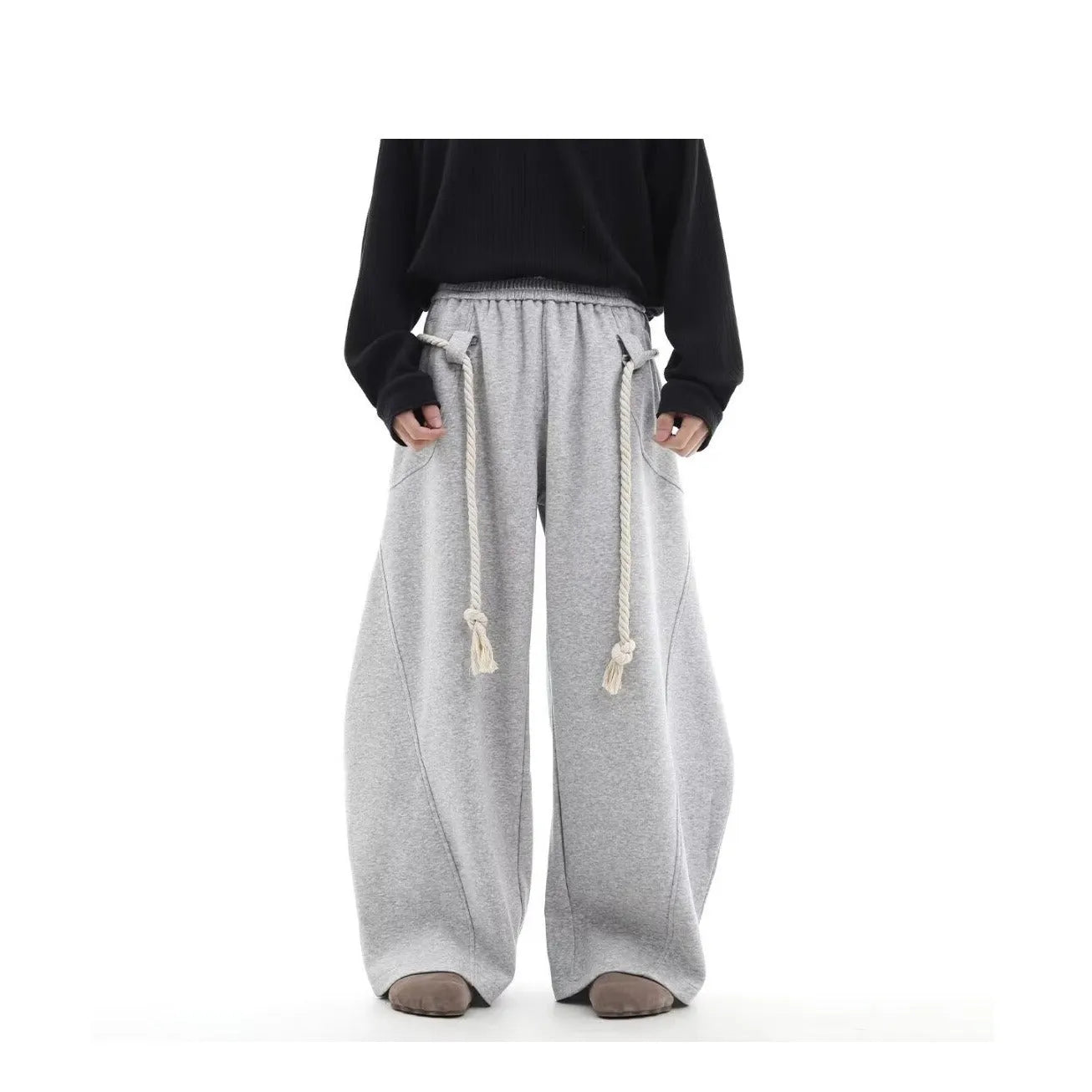 Retro gray cotton wide-leg sports pants for men, loose straight-leg casual trousers in size M to XXL