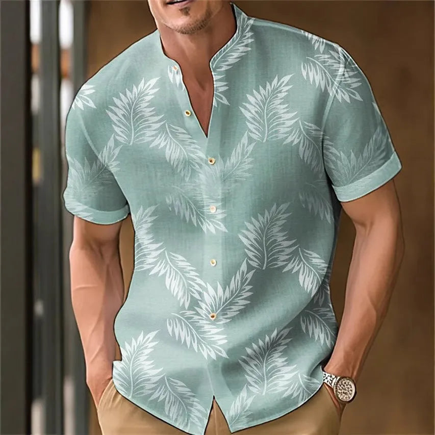 Men's printed polyester casual shirt shown in one of eight available colours, size range S to 4XL.
