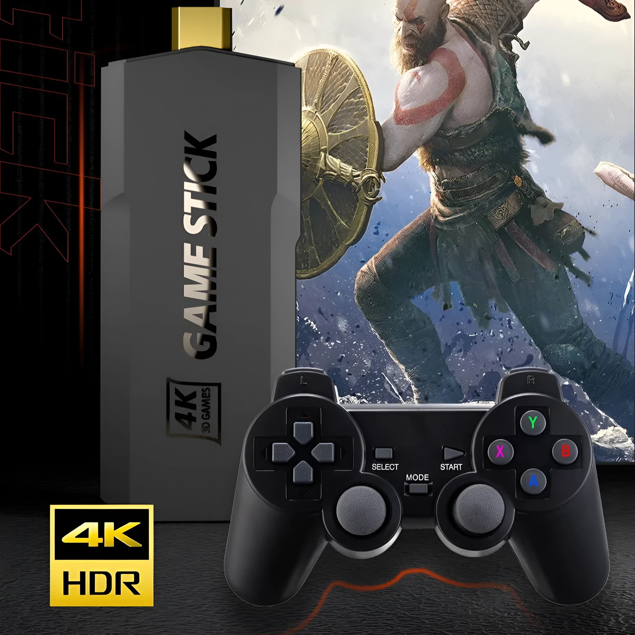 Open source 4K wireless game console with handle controller and cables on television stand