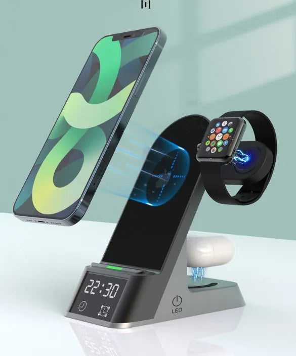Black multifunctional wireless charging alarm clock with digital display and multiple charging ports.