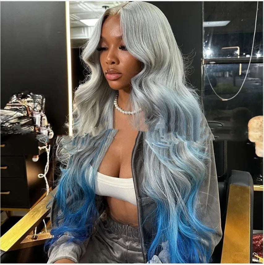 Grey blue gradient human hair lace front wig on a model, showing 4x4 lace construction.