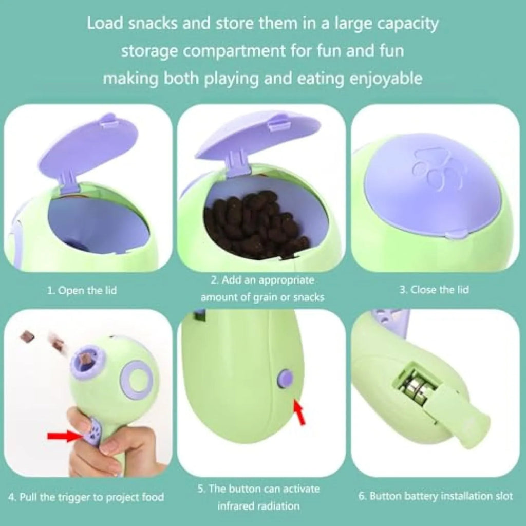 Green dog treat launcher toy with food dispenser mechanism for interactive pet play