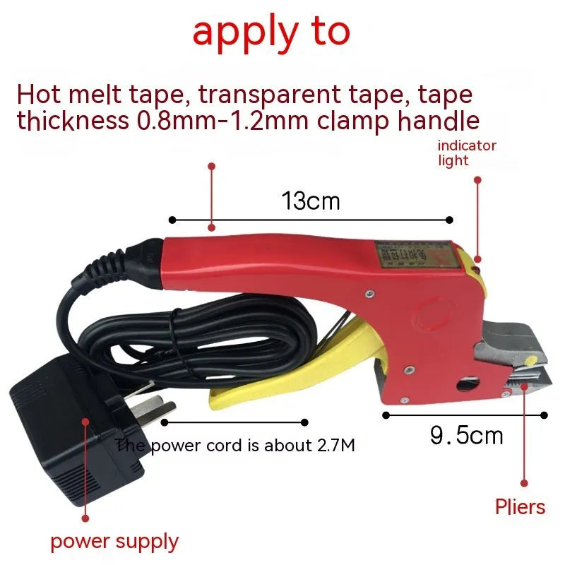 Electric hot melt packing machine with plastic steel tensioner and yellow packaging tape on work surface