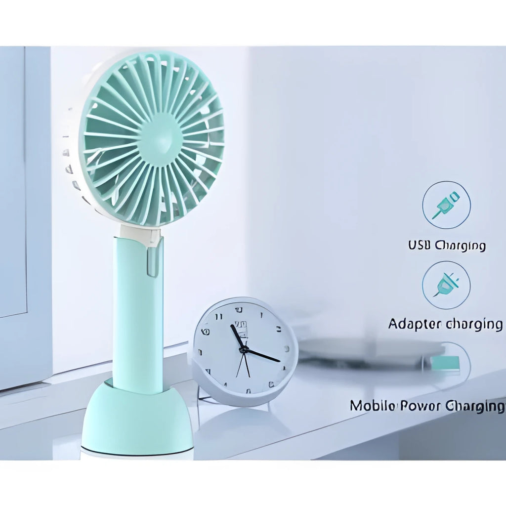 Blue mini silent USB handheld fan with oscillation, shown on a desktop.