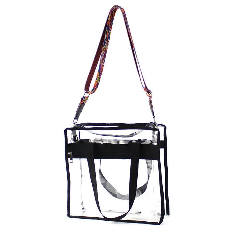 Women's transparent PVC shoulder messenger bag in brown with side net pocket and double strap connectors