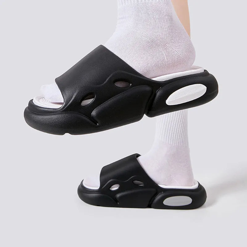 Two-colour thick-soled EVA slippers with leather lining in pink purple, white green, and black white colour options.