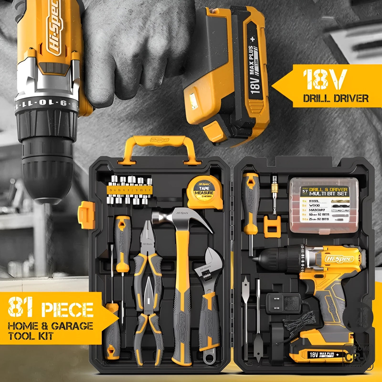 Grey yellow US-style case containing an 82-piece chrome-vanadium steel tool combo set for home repair.