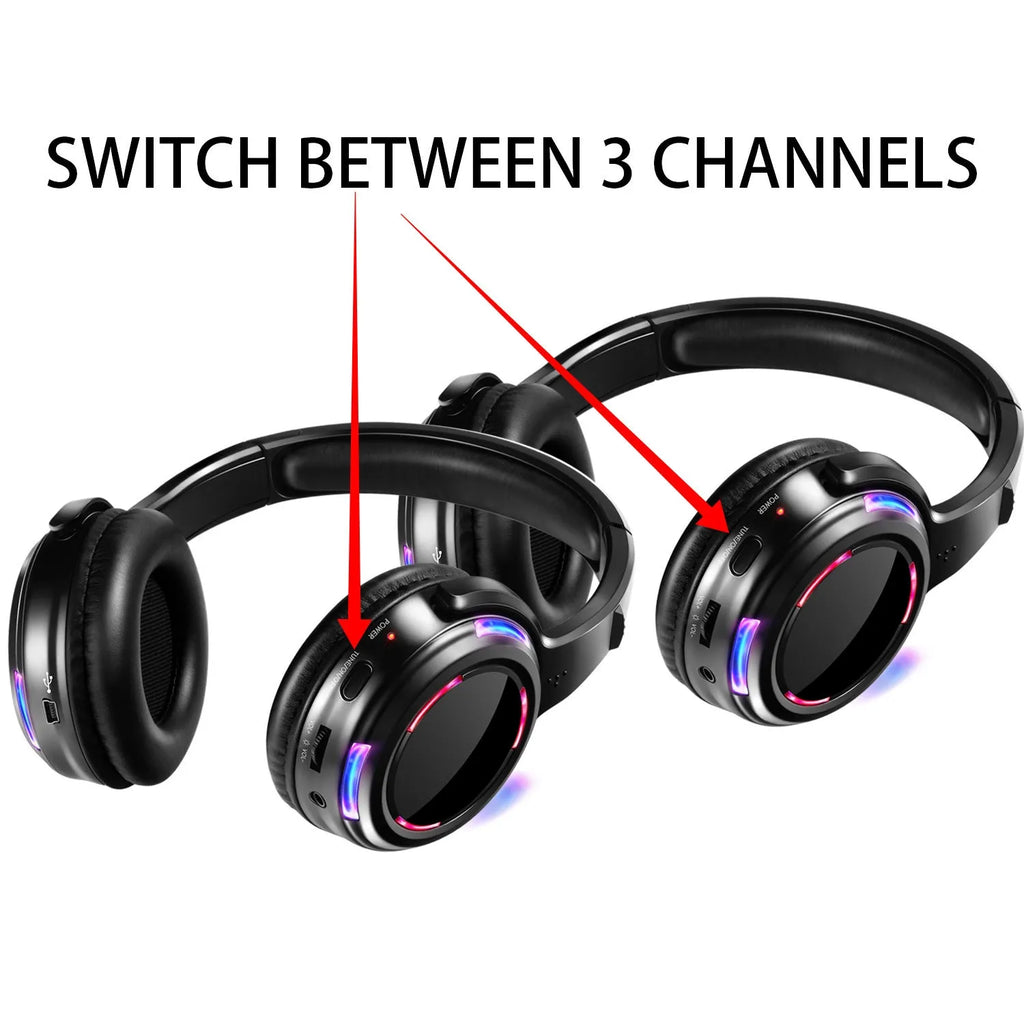 Black silent disco wireless headphones with 40mm drivers and a 3.5mm plug on a 3-metre cable.