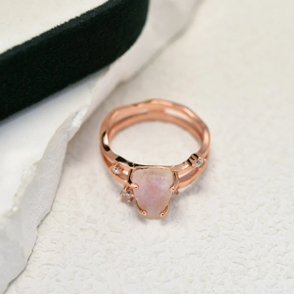 S925 sterling silver irregular triangle moonstone ring in rose gold, white gold, or yellow gold finish.