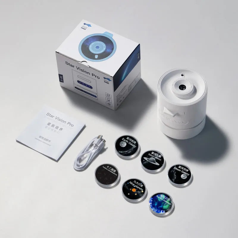 White rechargeable starry sky projection lamp with Bluetooth speaker, rotating star field, USB charging
