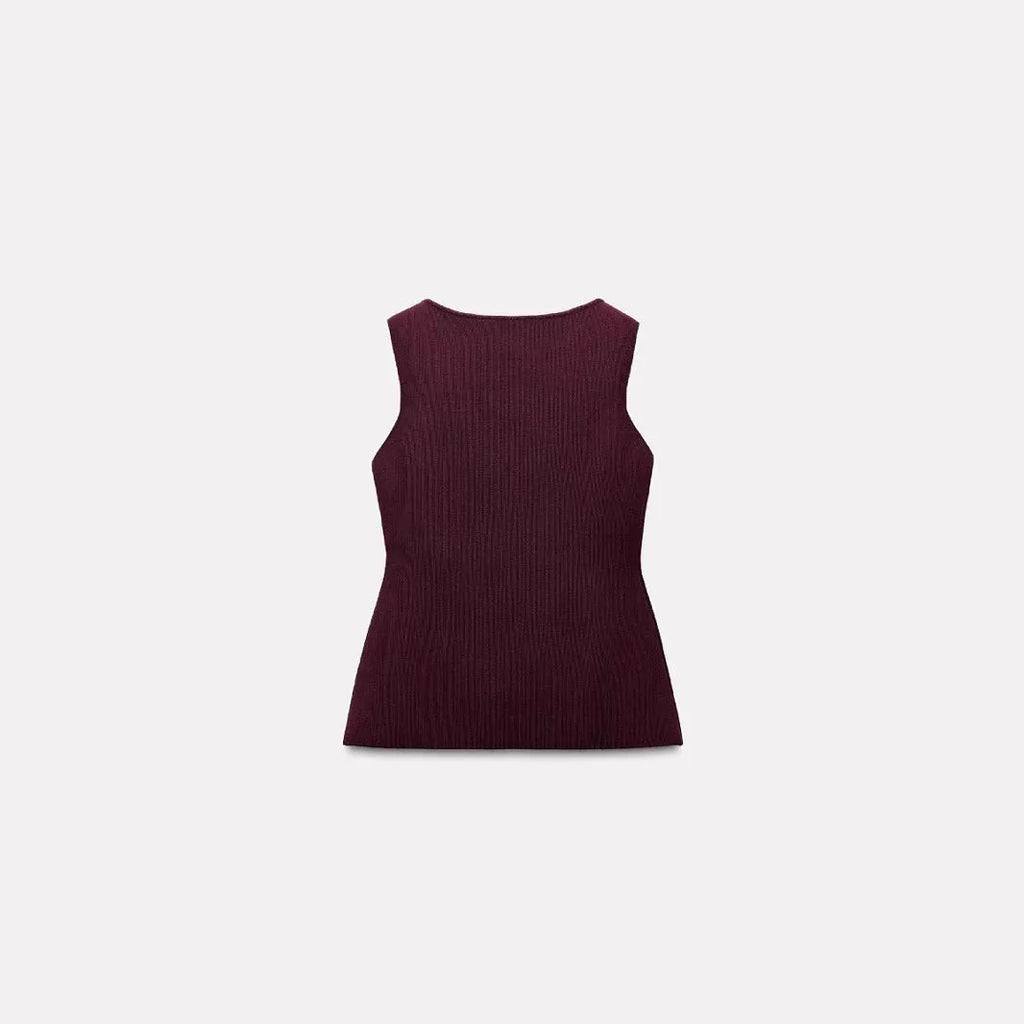 Women's dark red viscose sweater vest cardigan with gold buttons and 3D pattern, slim fit sleeveless design