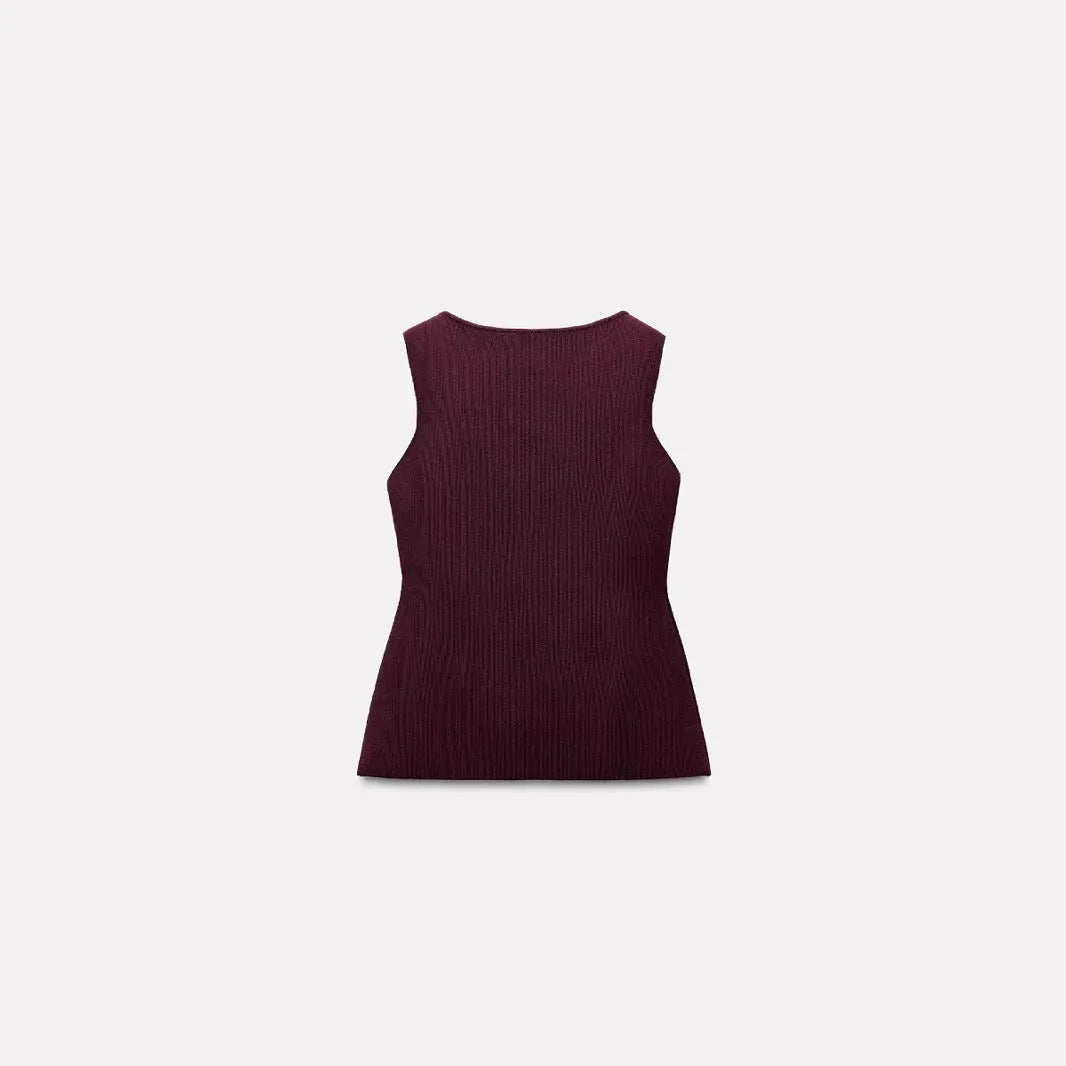 Women's dark red viscose sweater vest cardigan with gold buttons and 3D pattern, slim fit sleeveless design