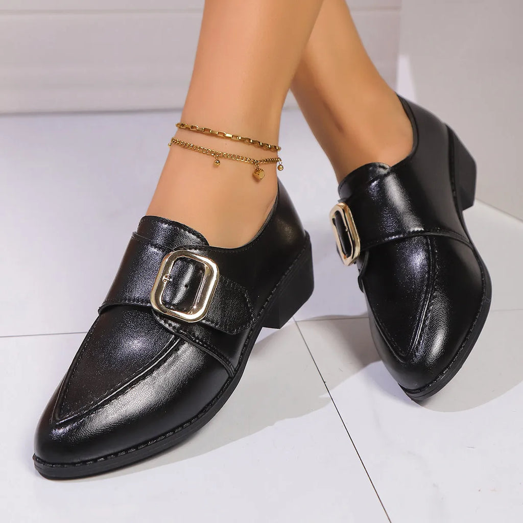 Women's British-style leather shoes with bow decoration, pointed toe, and slip-on design