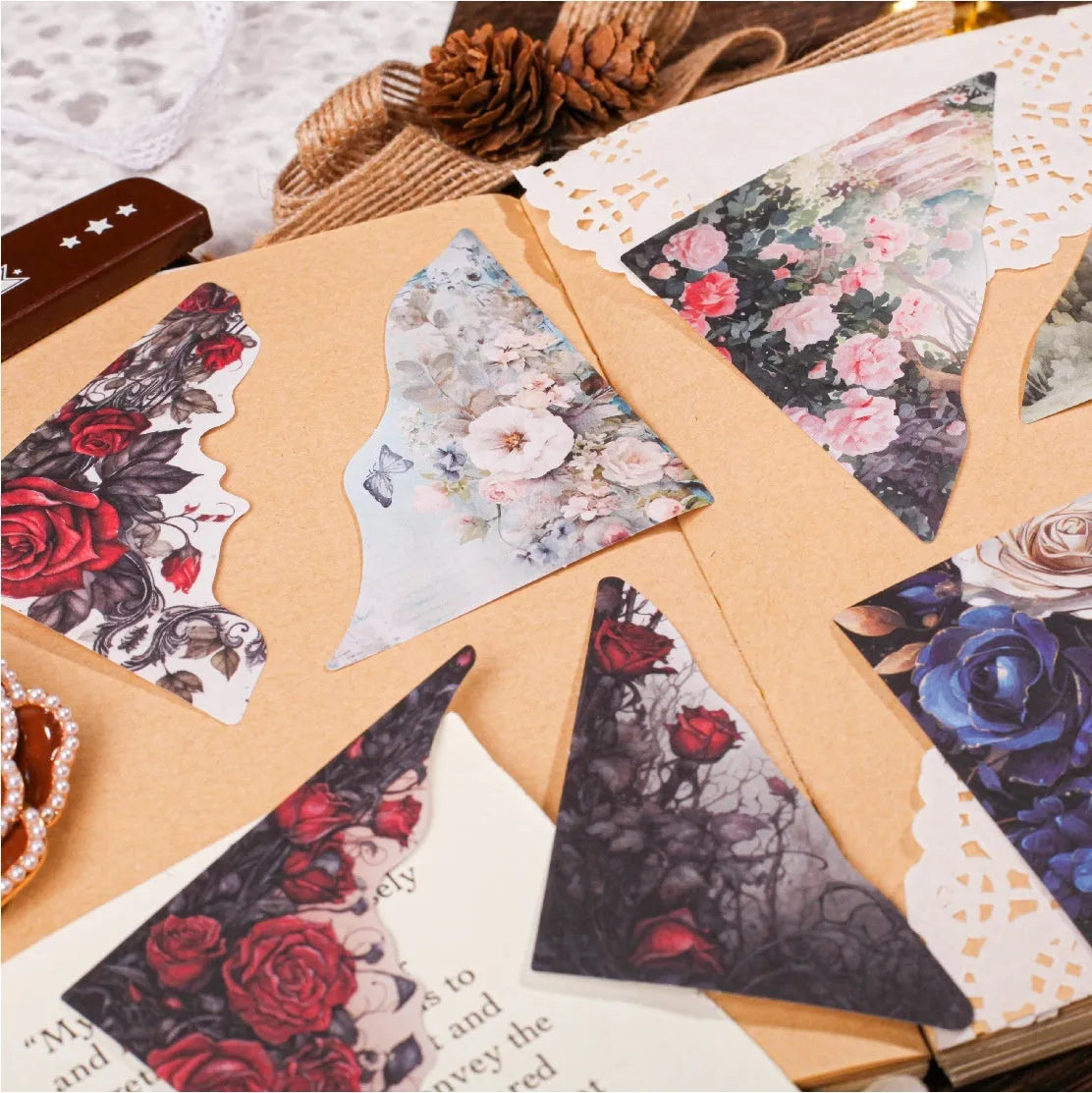 Creative notepad with bookmark designs in seasonal patterns on light paper