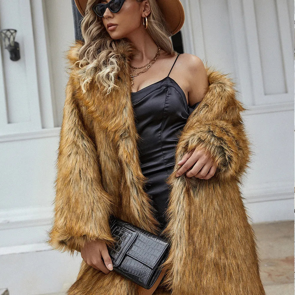Yellow women's faux fur coat with regular sleeves and loose fit, 80cm length