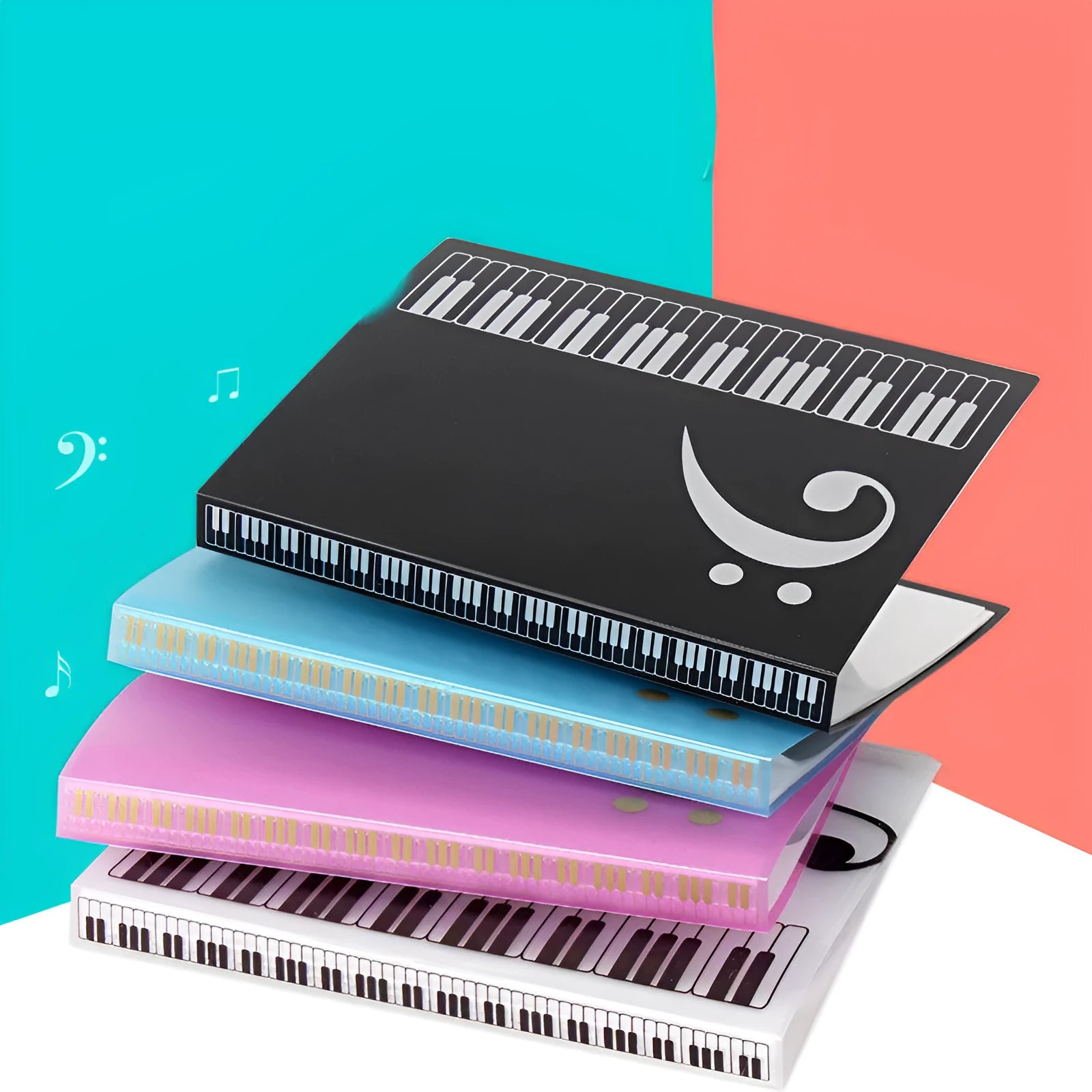 Black piano music score folder with transparent plastic insert sheets for holding sheet music.