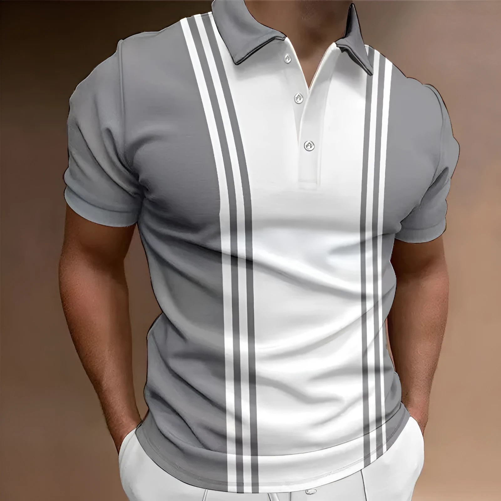Man wearing a loose fit blue t-shirt with a 3-button printed lapel and short sleeves.