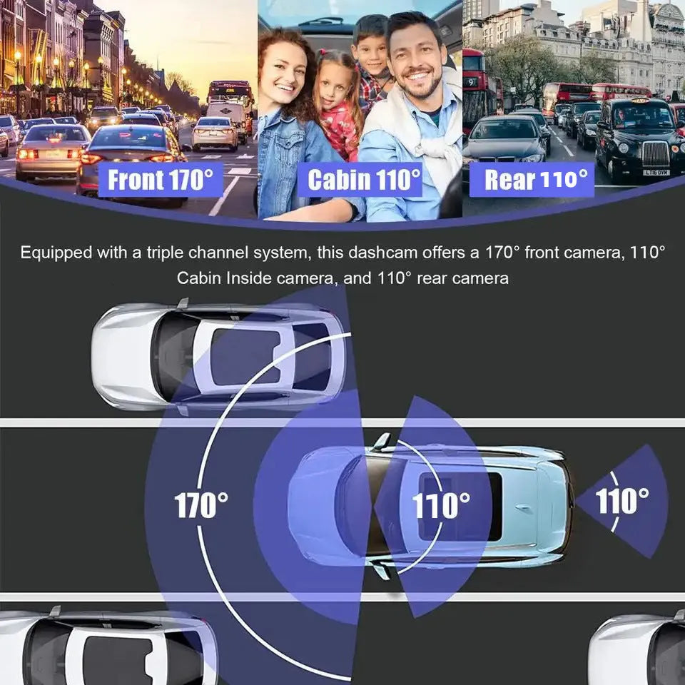 Black three-lens car dash cam for front windshield with 3.0-inch screen
