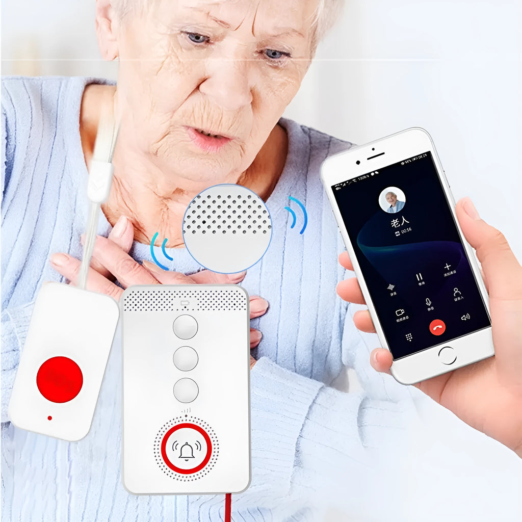 White voice emergency alert buzzer unit with three wireless call buttons for elderly home safety.