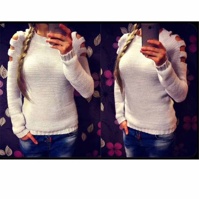 Women's solid grey knitted long sleeve pullover shirt with crocheted hollow-out texture detail.